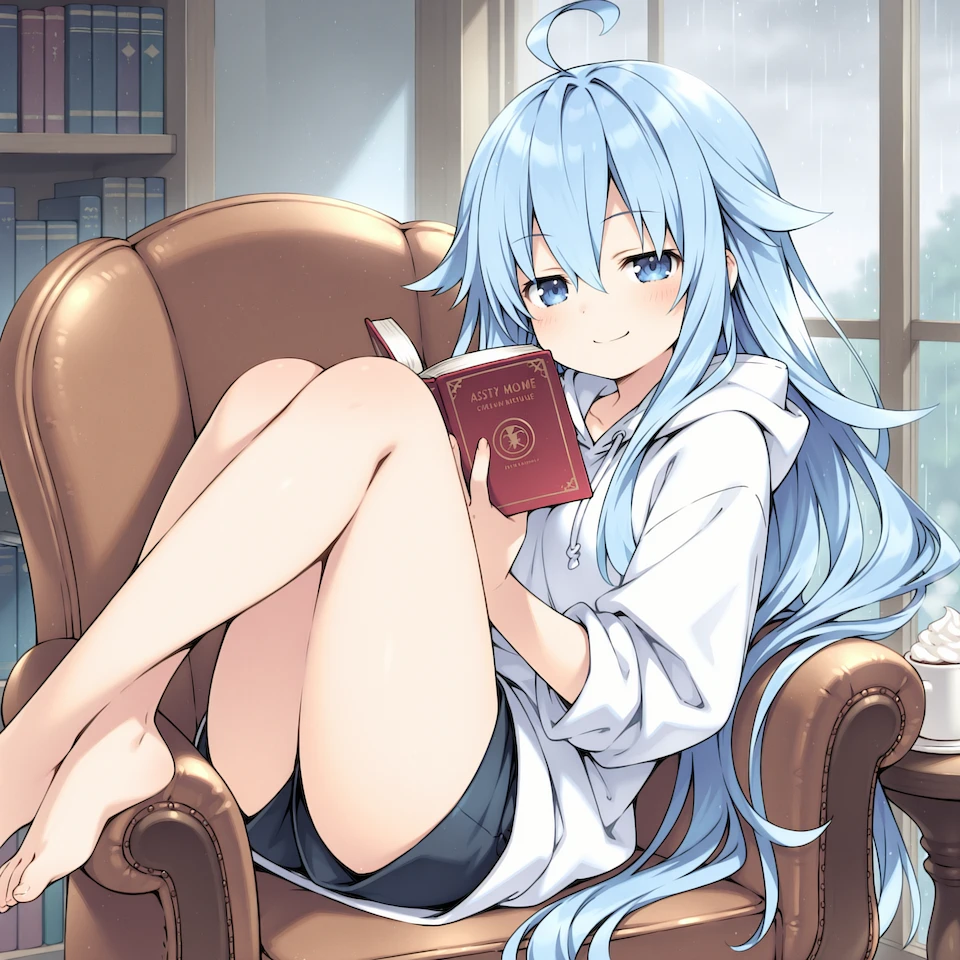 Aoi curled up in a library armchair in her white hoodie, smiling over an open mystery novel, with a mocha beside her.