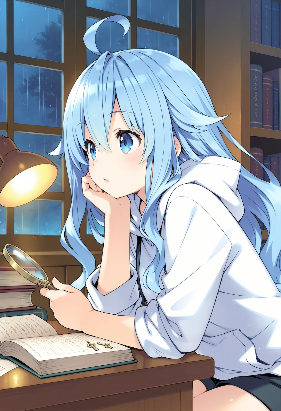 Aoi in her white hoodie at a lamplit library desk, holding a magnifying glass over an open book and tiny keys as rain falls outside.