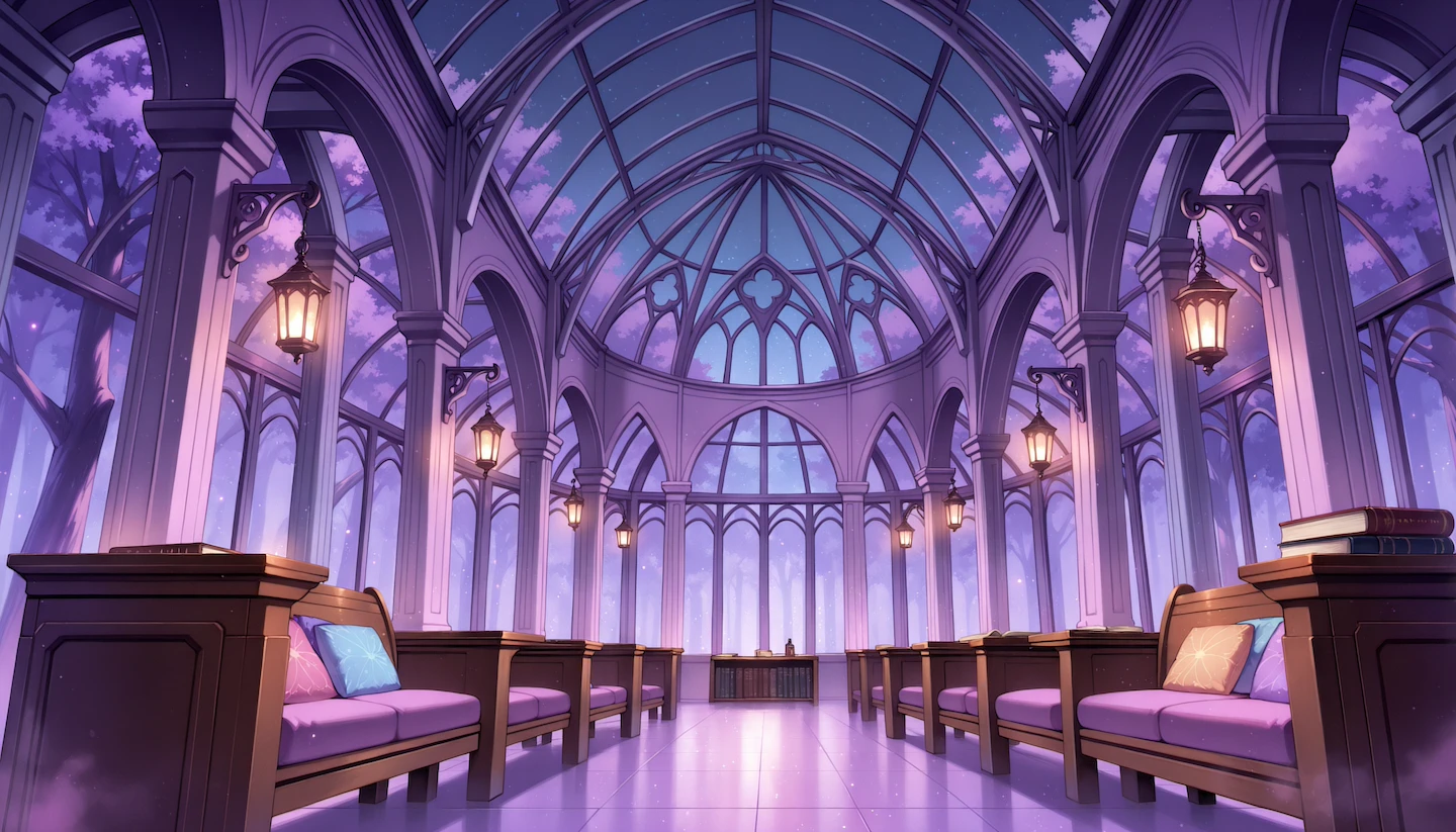 Aoi's enchanted library: a vaulted glass ceiling, purple forest beyond the windows, and lantern-lit reading benches with books and pastel cushions.