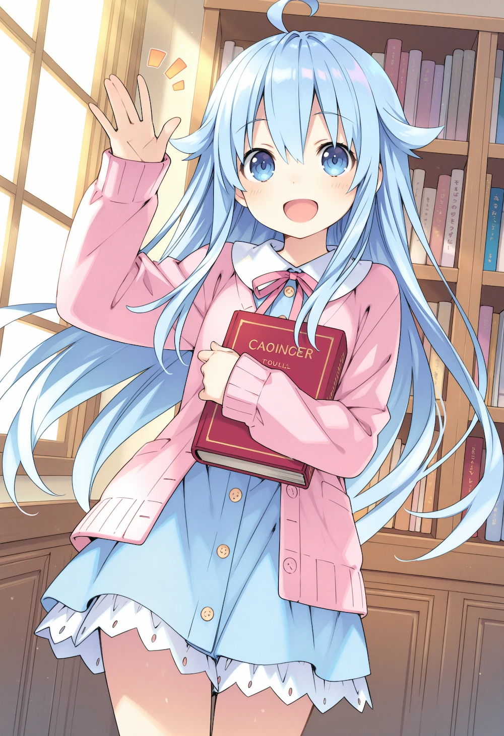 Aoi waving hello in a blue dress and pink cardigan, holding a mystery novel in her library.
