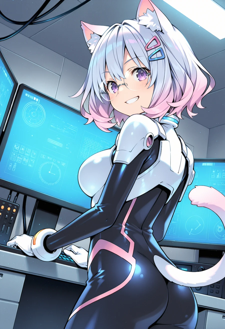 A silver-haired catgirl with pink tips and round glasses, in a white and navy bodysuit, looking back over her shoulder with a grin, both hands on a control desk in front of two large blue monitors and her tail curling behind her.