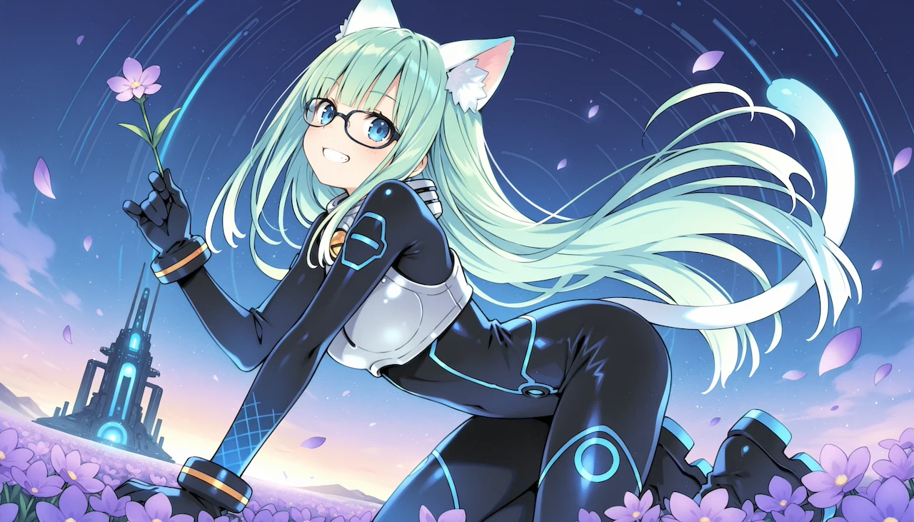 Ruri in a glossy black bodysuit with a white chest shell, kneeling in a field of purple flowers at dusk and holding up a small flower, with a glowing tower behind her.