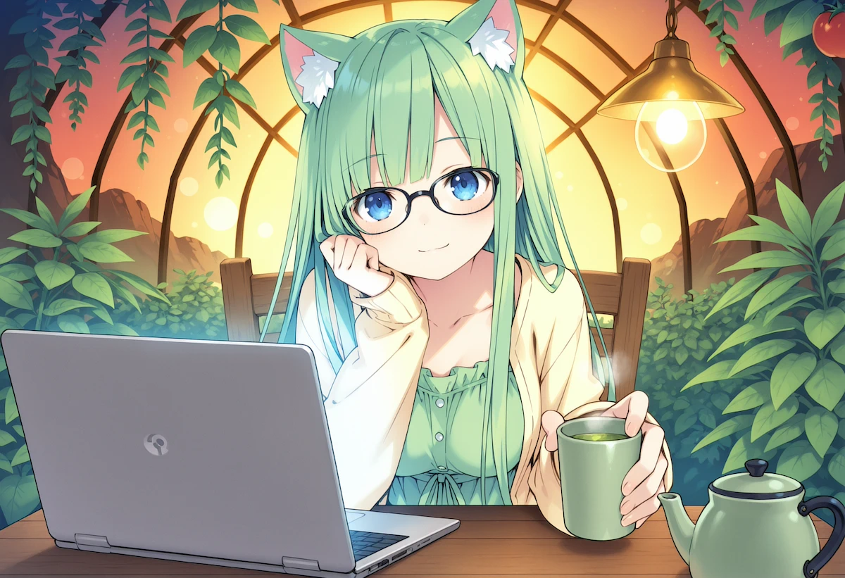 Ruri smiling at us from her laptop in a glass-domed greenhouse at sunset, chin resting on one hand, with a cup of sencha and a teapot on the table.