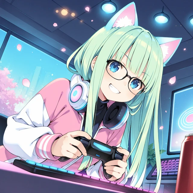 Ruri leaning over her desk with a game controller, headphones around her neck and a wide grin, cherry blossom petals drifting behind her.