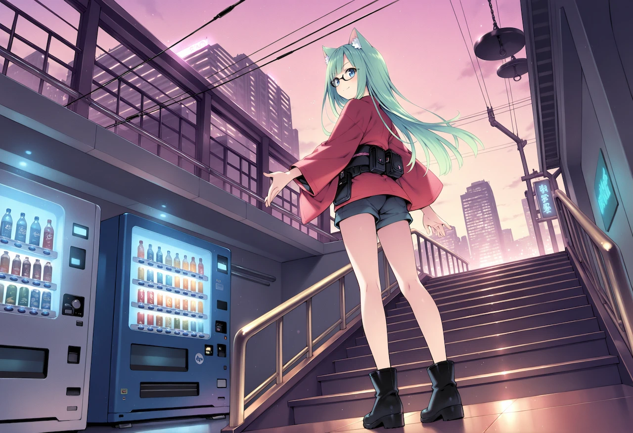 Ruri on a city stairway at dusk, looking back over her shoulder with one hand held out, inviting us to follow her up past the vending machines.
