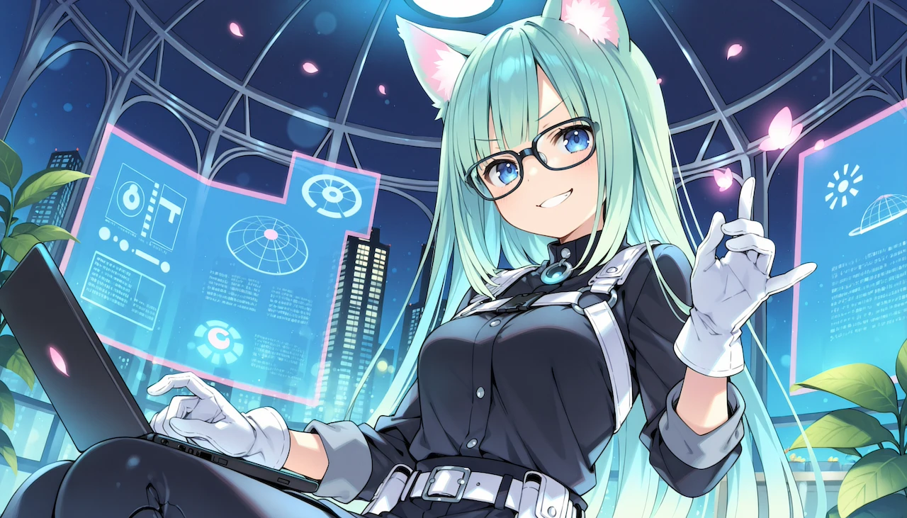 Ruri in black glasses, grinning inside a glass dome full of glowing holographic panels, one hand on her laptop and the other raised as if to show us what is on them.