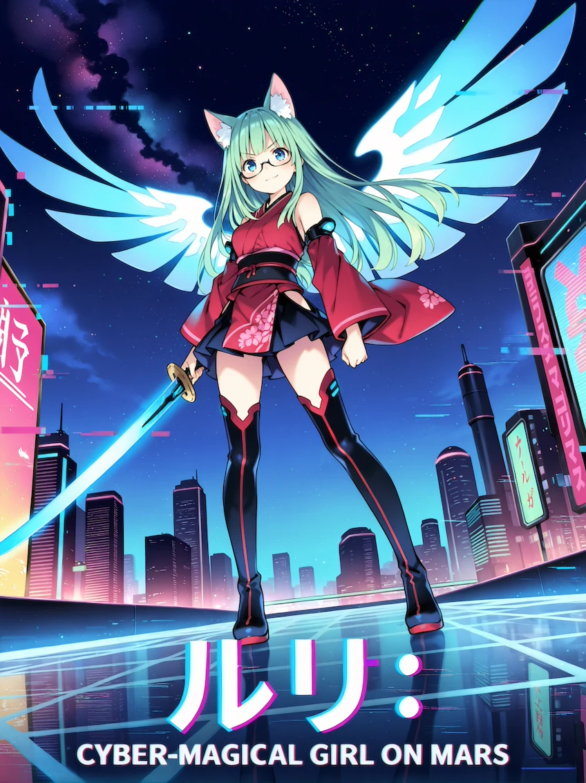 Key visual for Ruri: Cyber-Magical Girl on Mars. Ruri, with mint-green hair, blue eyes and black glasses, stands on a glowing glass rooftop above a neon city under a starry night sky, a glowing sword in her hand and light wings spread behind her, above the title in white lettering with a glitching colour split.
